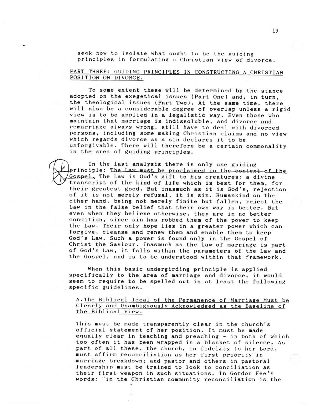 Page 19 of Deasley's 1991 committee paper, with a reader's pen marks beside 'The Law must be proclaimed in the context of the Gospel.'